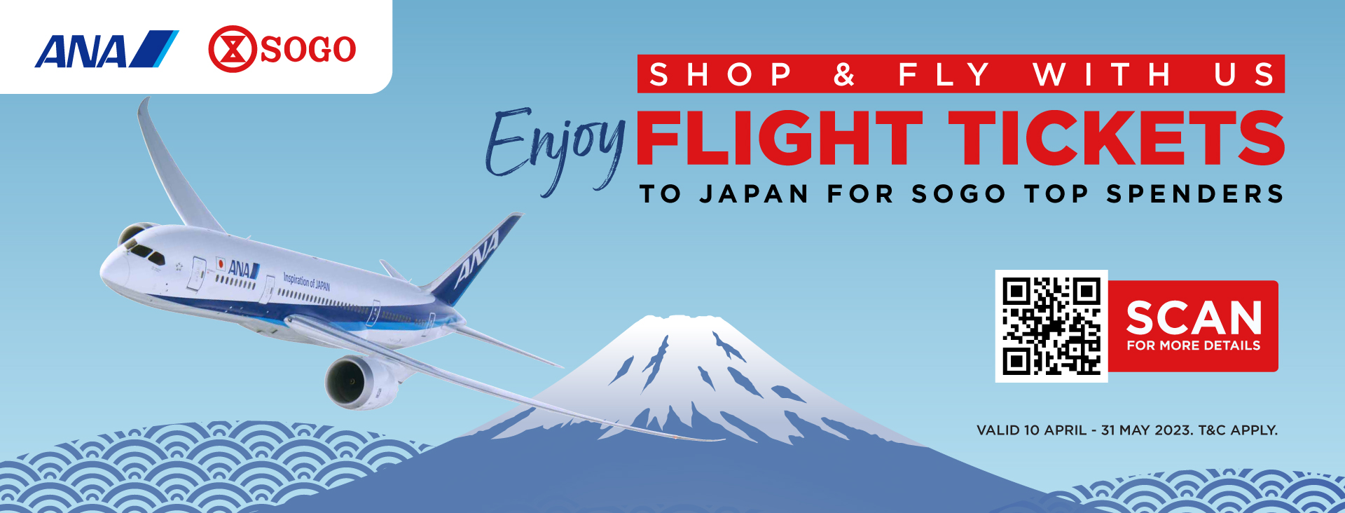 Dapatkan kesempatan mendapatkan 1 tiket ANA pulang pergi dari Jakarta - Tokyo bagi 10 orang top spender program SOGO Shop & Fly With Us. 