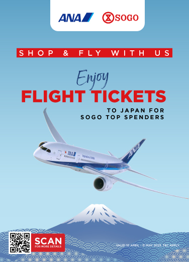 Dapatkan kesempatan mendapatkan 1 tiket ANA pulang pergi dari Jakarta - Tokyo bagi 10 orang top spender program SOGO Shop & Fly With Us.